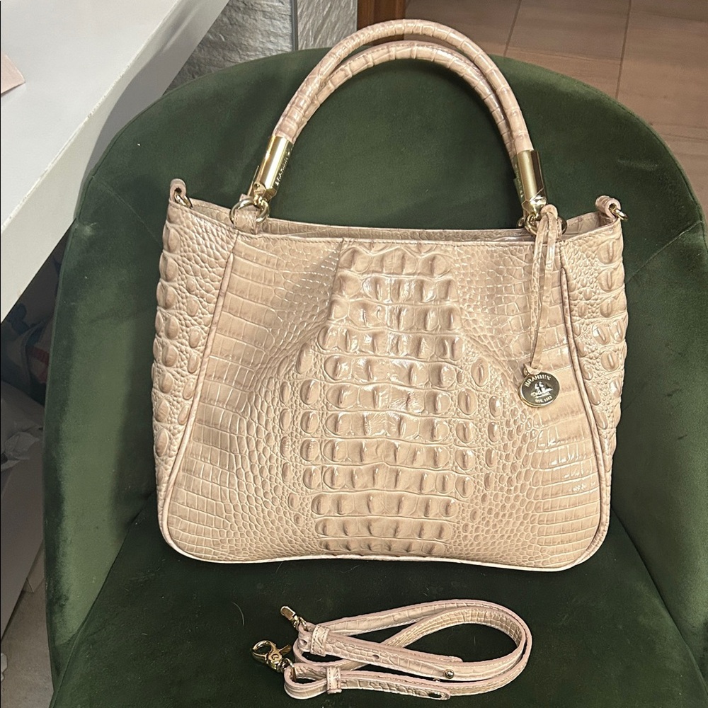 Brahmin Melbourne Ruby Croc-Embossed Beige Shoulder Bag with Detachable Strap